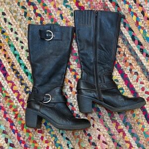 Black Mid-Calf Leather Heeled Boots